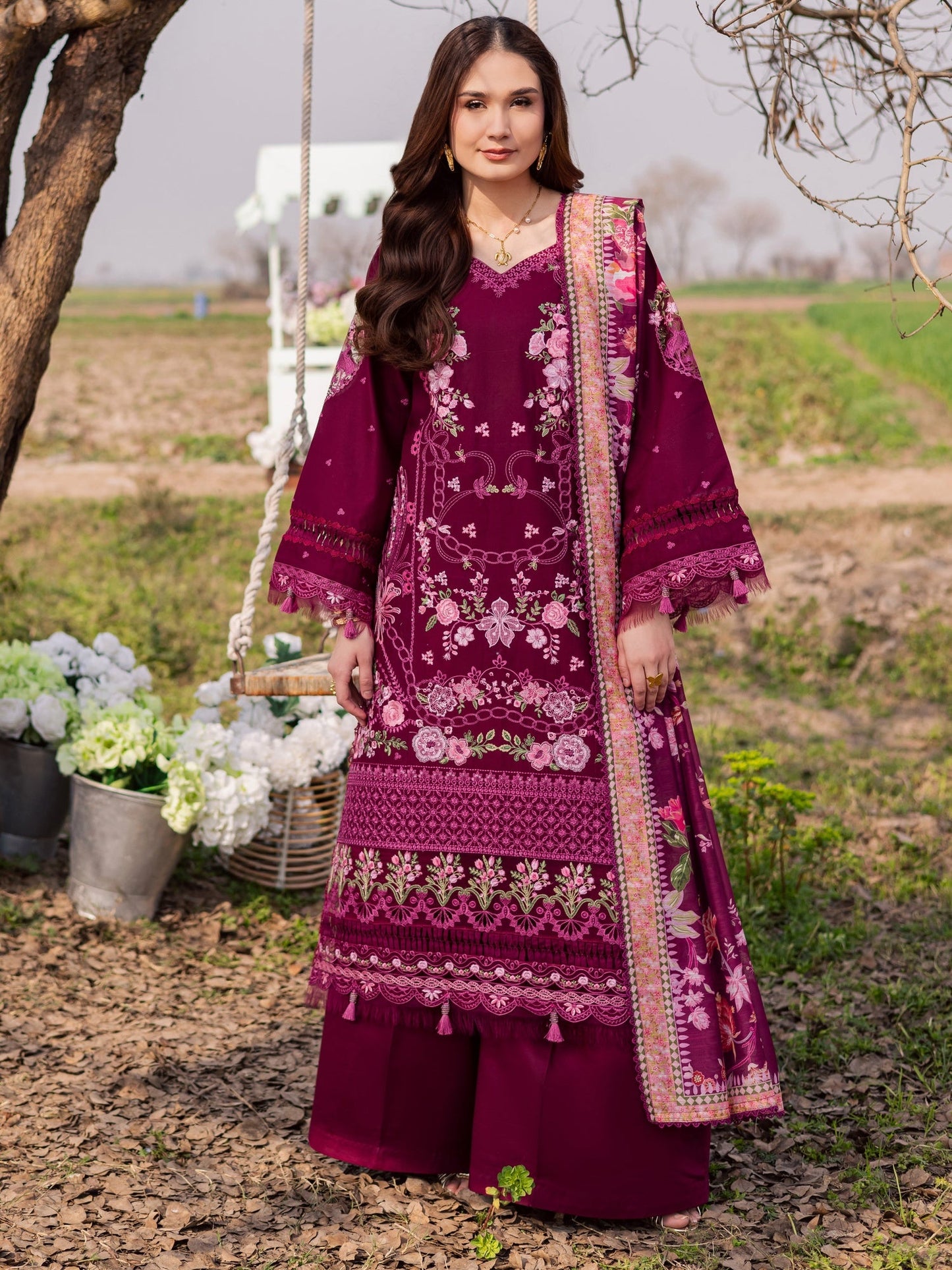 Magenta Parishay Dil e Raqsam Lawn'26 Embroidered Unstitched 3-Piece Suit-DR-07