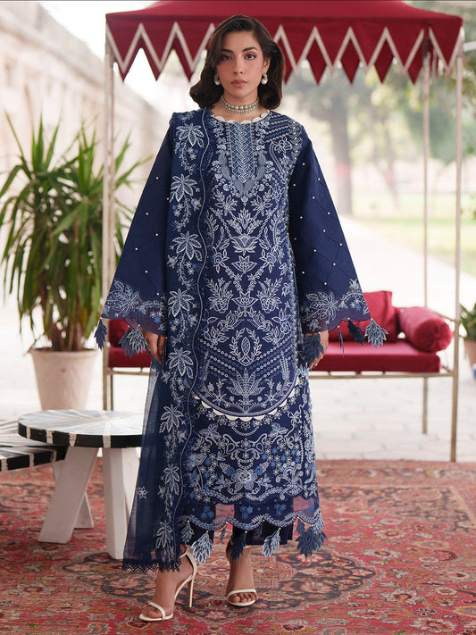 Blue Mahnur Nilofer Luxury Lawn'26 Embroidered Stitched 3-Piece Suit-NL-04