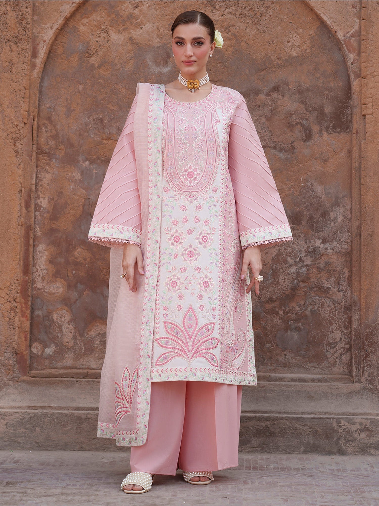 Pink Mahnur Nilofer Luxury Lawn'26 Embroidered Stitched 3-Piece Suit-NL-01