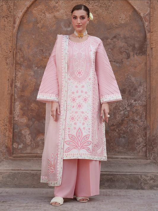 Pink Mahnur Nilofer Luxury Lawn'26 Embroidered Stitched 3-Piece Suit-NL-01
