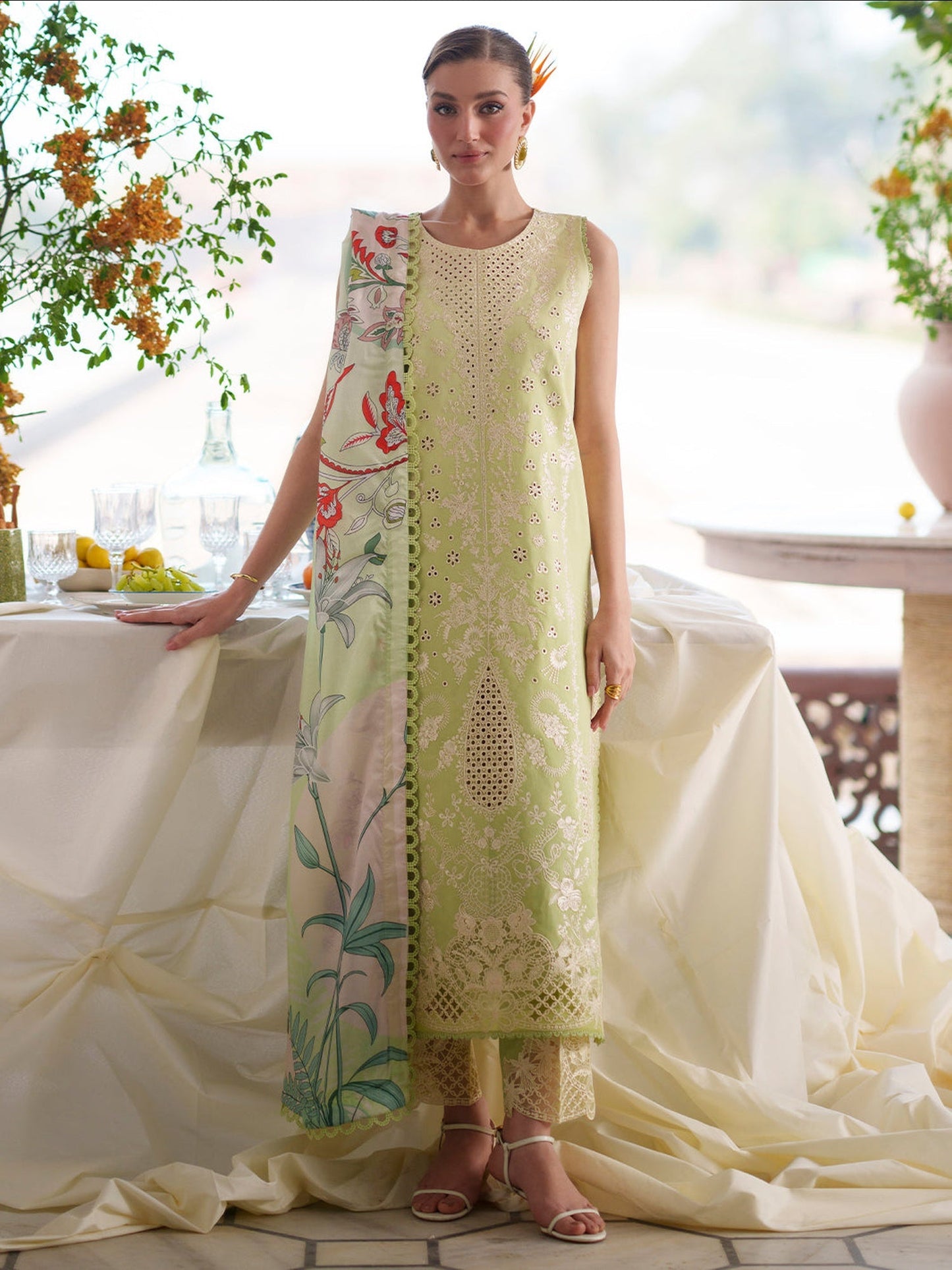 Mint Green Mahnur Nilofer Luxury Lawn'26 Embroidered Unstitched 3-Piece Suit-NL-06