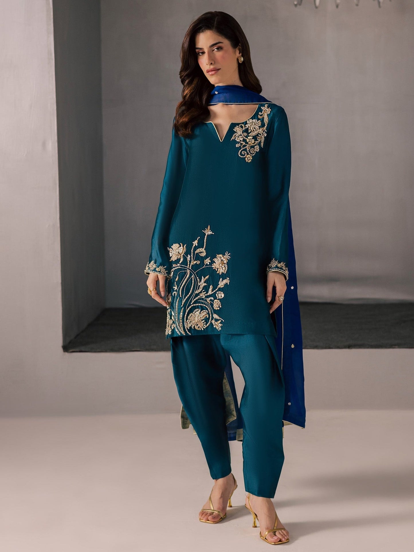 Blue Allure By IH Full Circle Tussel Silk Embroidered Stitched 3-Piece Suit-Flow