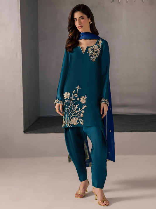 Blue Allure By IH Full Circle Tussel Silk Embroidered Stitched 3-Piece Suit-Flow