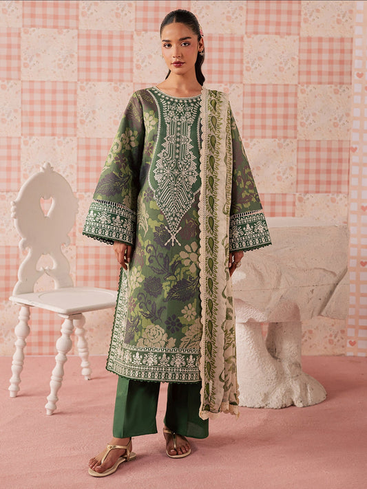 Forest Green Mahnur Jahaan Lawn'26 Embroidered Unstitched 3-Piece Suit-MJ-06