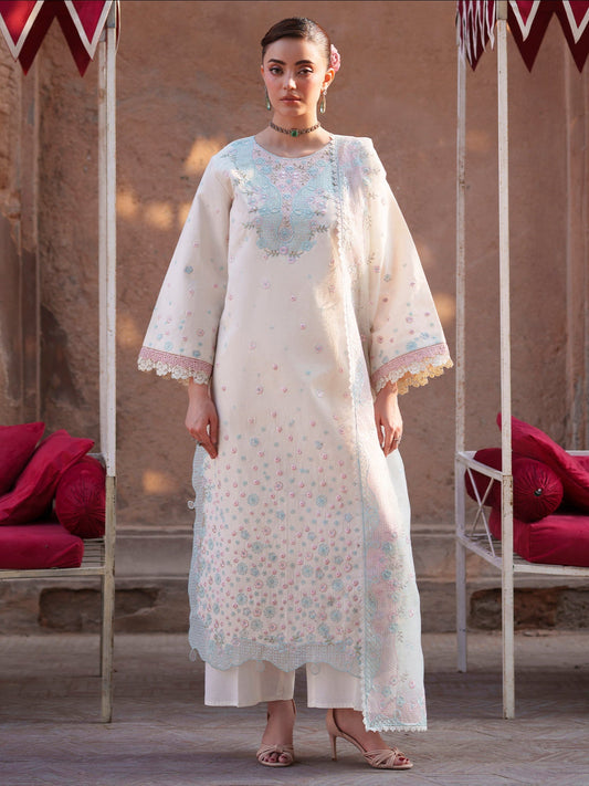 Off-White Mahnur Nilofer Luxury Lawn'26 Embroidered Stitched 3-Piece Suit-NL-02