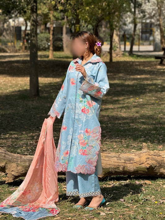 Ice Blue Sehrish Kanwal Festive Print'26 Lawn Embroidered Stitched 3-Piece Suit-Slona
