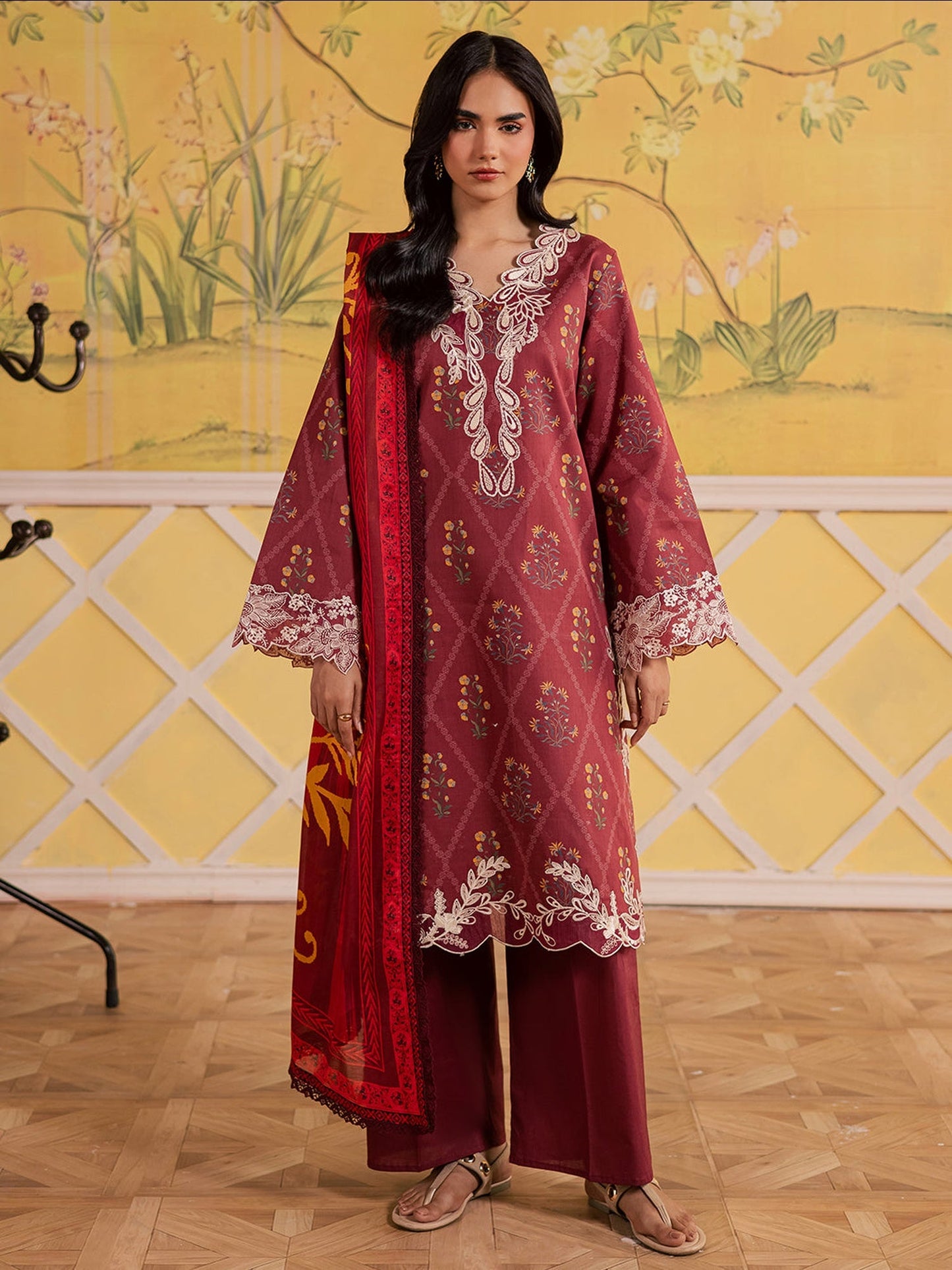 Maroon Mahnur Afsana Lawn'26 Embroidered Unstitched 3-Piece Suit-AL-09