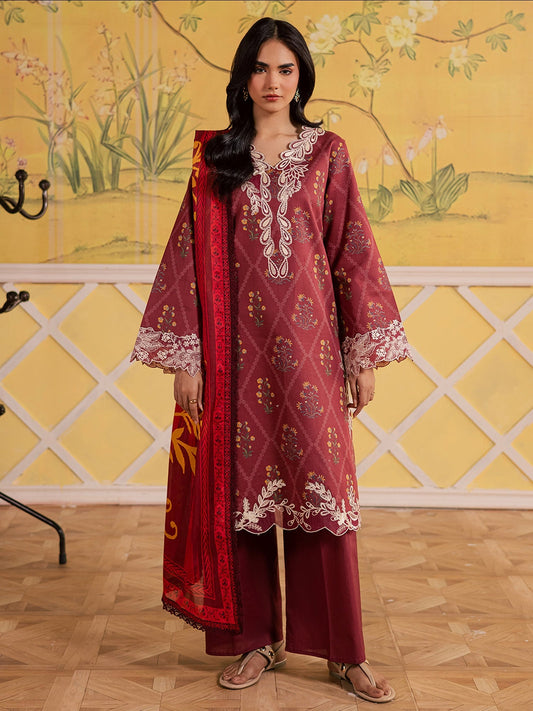 Maroon Mahnur Afsana Lawn'26 Embroidered Unstitched 3-Piece Suit-AL-09
