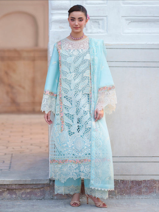 Light Blue Mahnur  Nilofer Luxury Lawn'26 Embroidered Unstitched 3-Piece Suit-NL-03