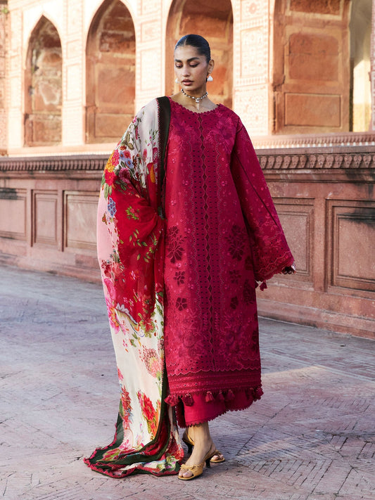 Red Hussain Rehar Zan SS'26 Lawn Embroidered Unstitched 3-Piece Suit-Qermez
