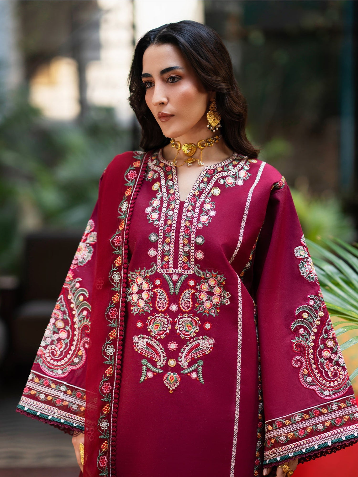 Burgundy Mahnur Satrangi Lawn '26 Embroidered Unstitched 3-Piece Suit-ST-06