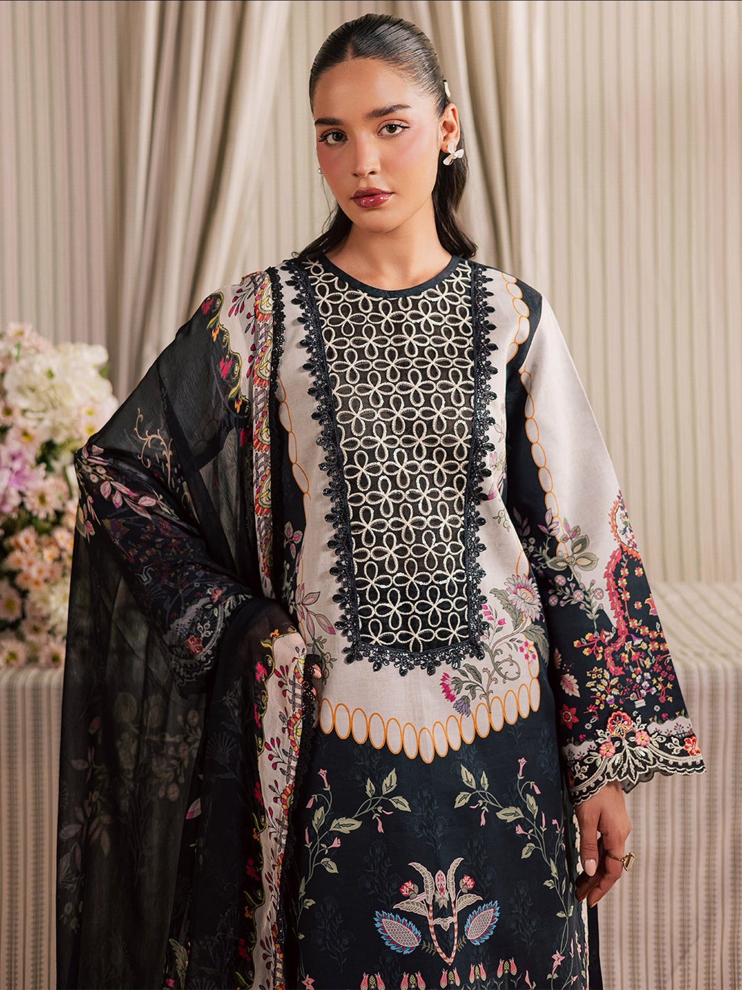 Black and Ivory Mahnur Jahaan Lawn'26 Embroidered Unstitched 3-Piece Suit-MJ-01