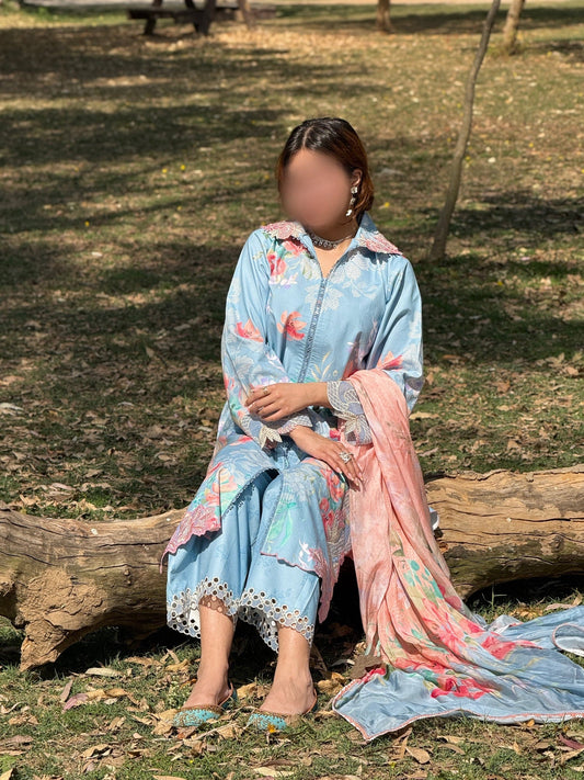 Ice Blue Sehrish Kanwal Festive Print'26 Lawn Embroidered Stitched 3-Piece Suit-Slona