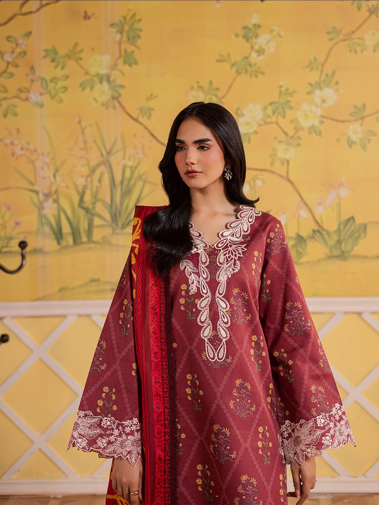 Maroon Mahnur Afsana Lawn'26 Embroidered Stitched 3-Piece Suit-AL-09