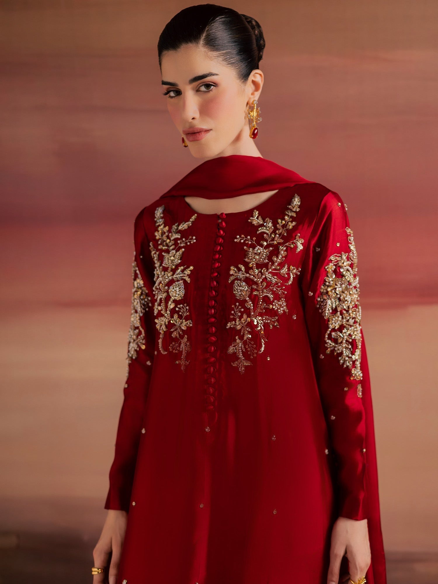 Red Allure By IH Full Circle Tussel Silk Embroidered Kaftan Set-Endless