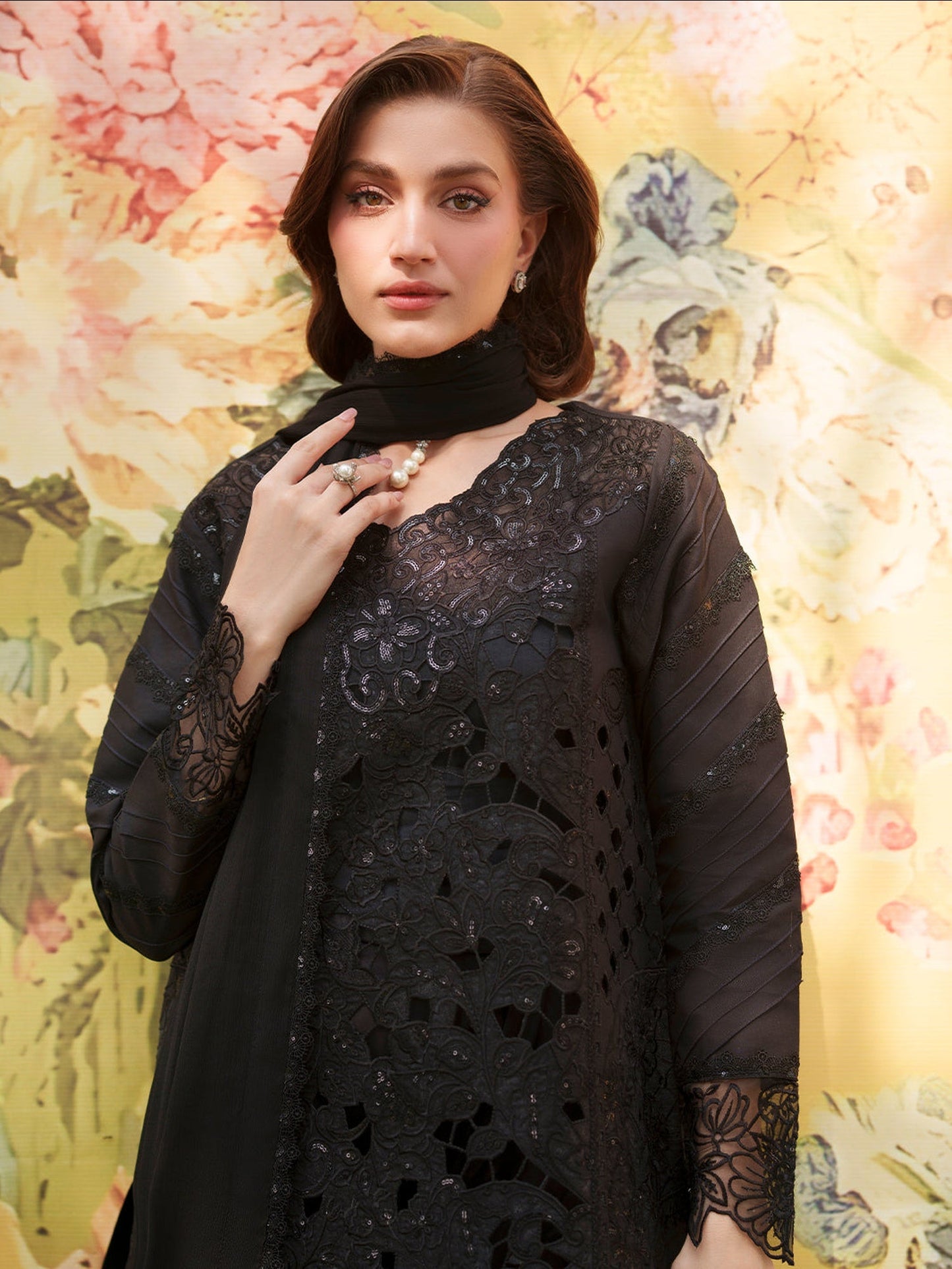 Black Mahnur Nilofer Luxury Lawn'26 Embroidered Unstitched 3-Piece Suit-NL-14