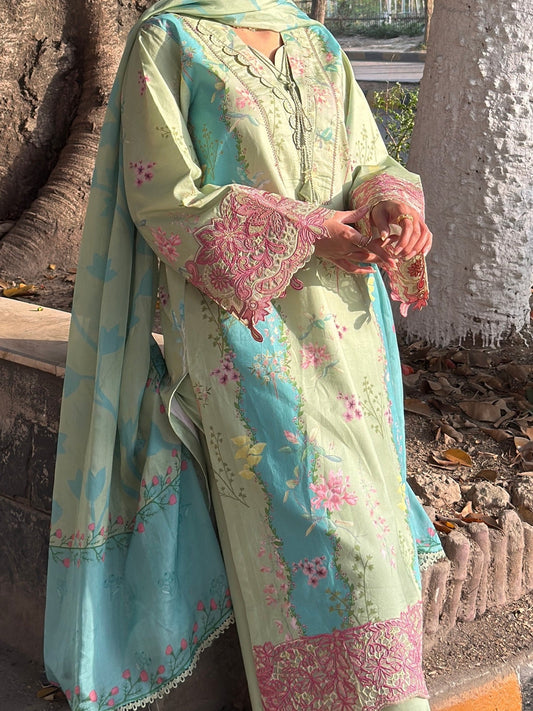 Pistachio Sehrish Kanwal Festive Print'26 Lawn Embroidered Stitched 3-Piece Suit-Nayra