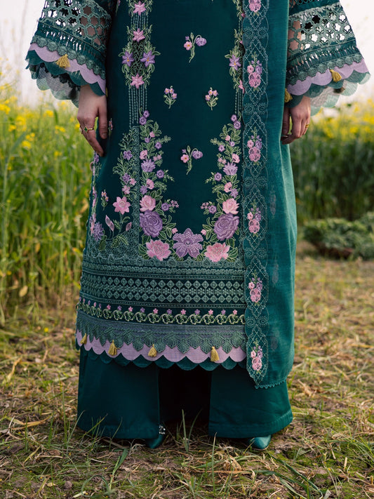 Bottle Green Parishay Dil e Raqsam Lawn'26 Embroidered Unstitched 3-Piece Suit-DQ-11