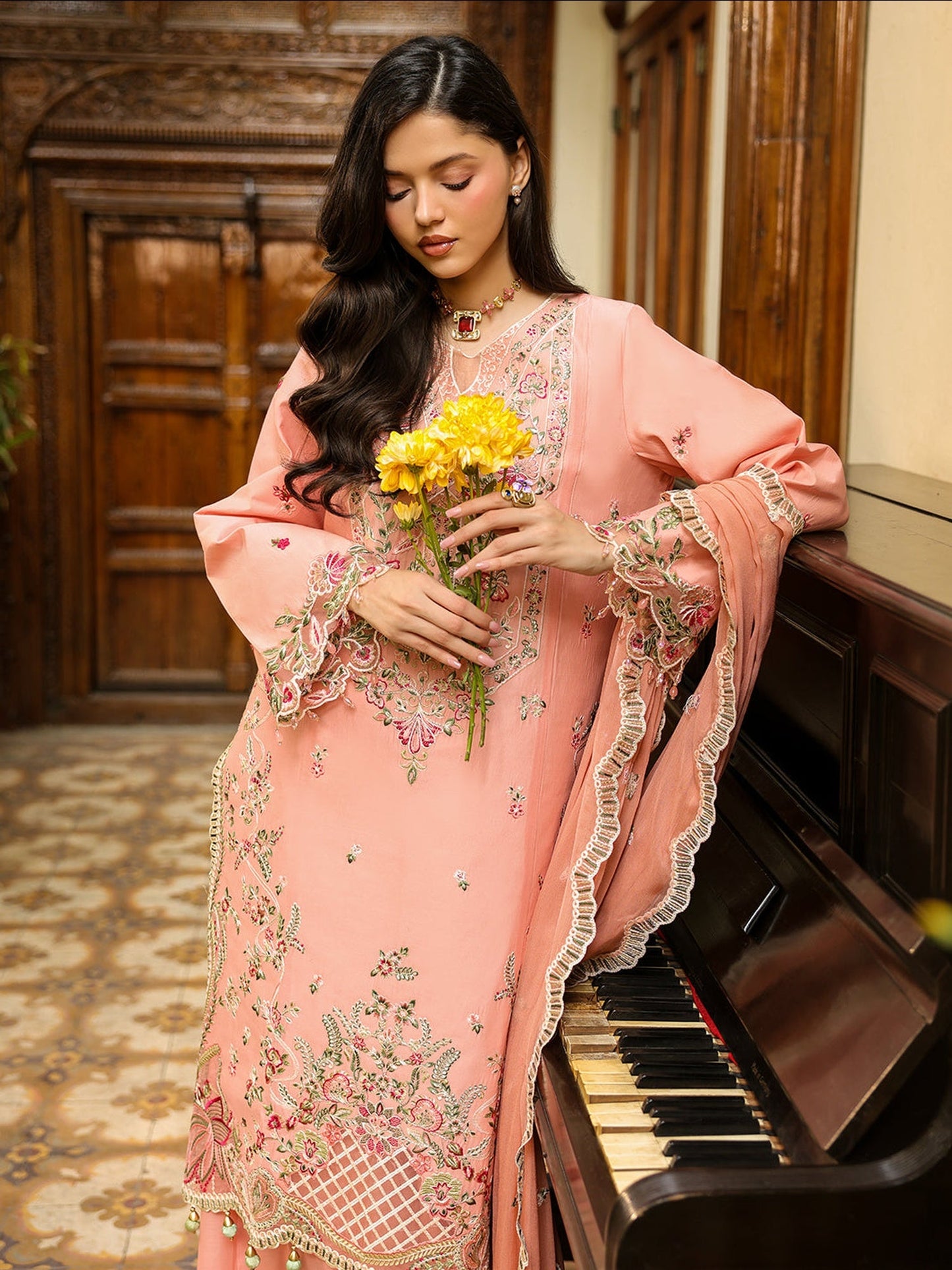 Peach-Mahnur Shanaya Lawn Vol 2 Embroidered Stitched 3-Piece Suit-SH-14