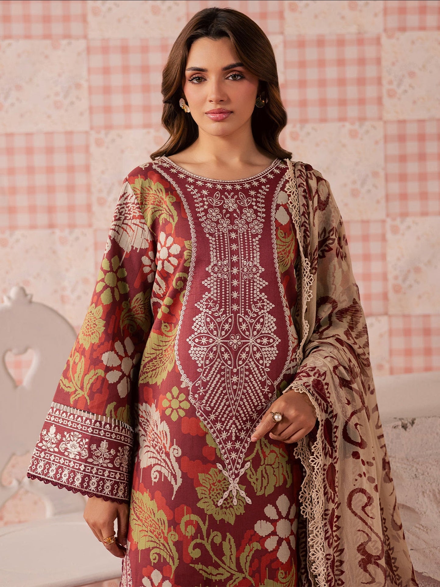 Maroon Mahnur Jahaan Lawn'26 Embroidered Stitched 3-Piece Suit-MJ-05