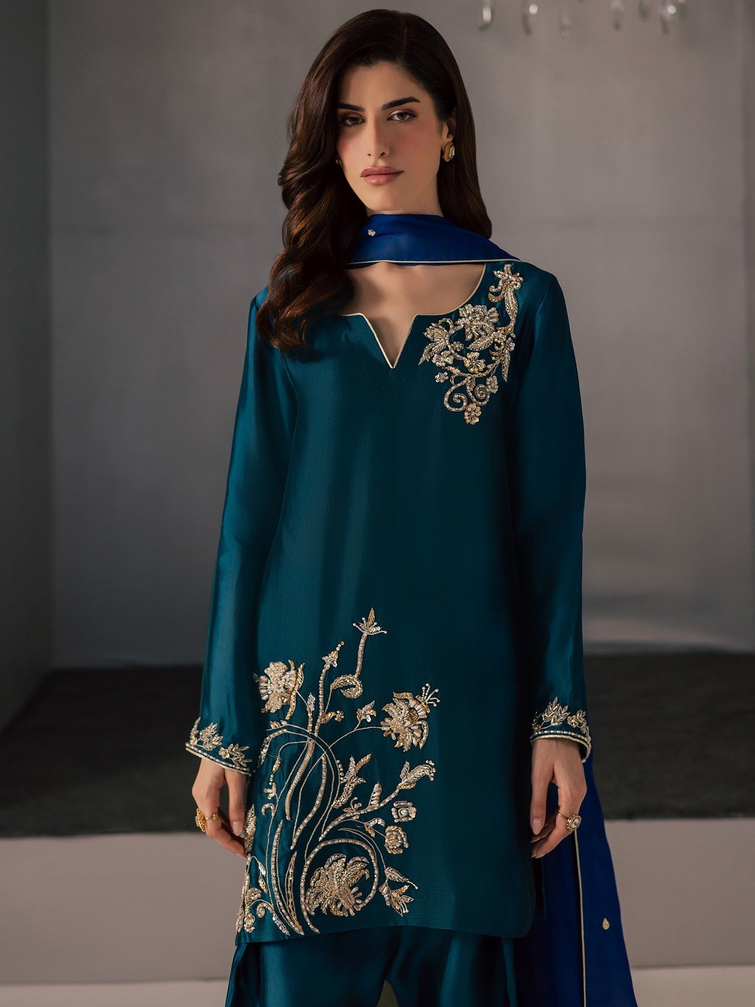 Blue Allure By IH Full Circle Tussel Silk Embroidered Stitched 3-Piece Suit-Flow