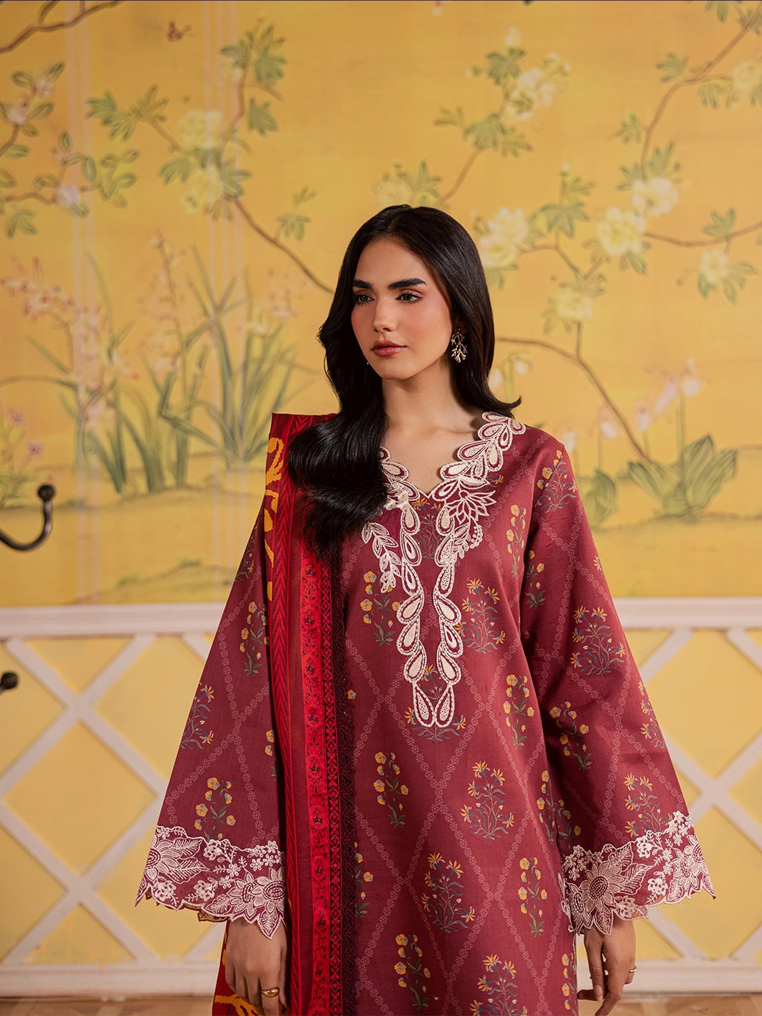 Maroon Mahnur Afsana Lawn'26 Embroidered Unstitched 3-Piece Suit-AL-09