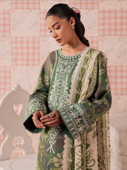 Forest Green Mahnur Jahaan Lawn'26 Embroidered Unstitched 3-Piece Suit-MJ-06