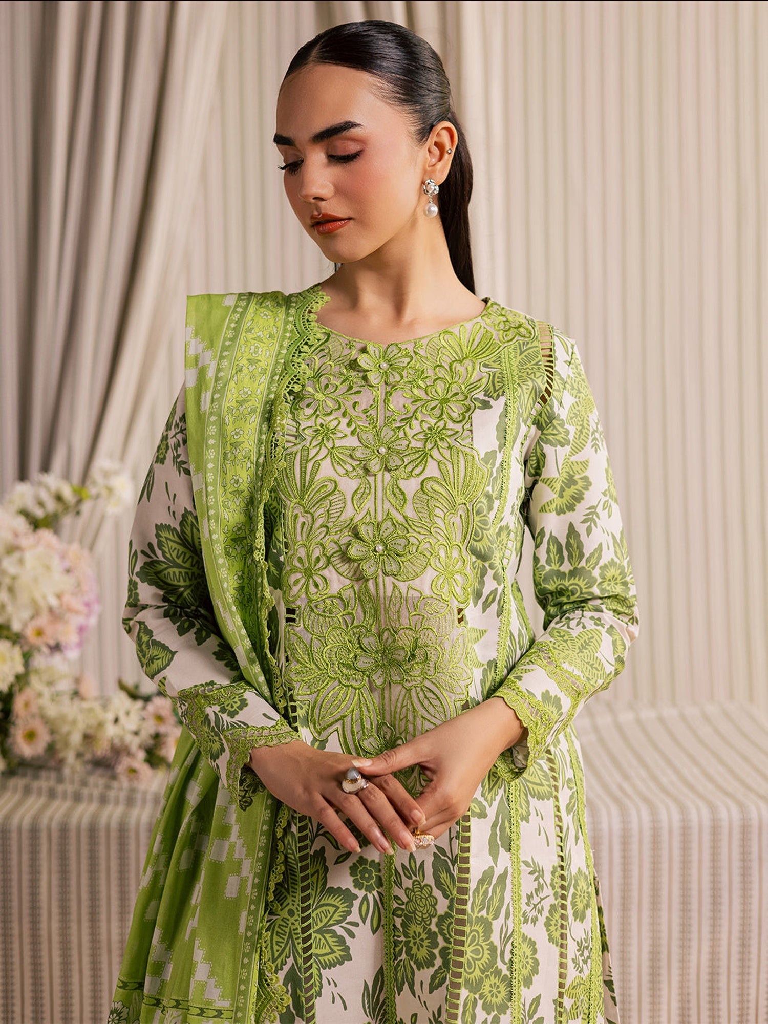 Green Mahnur Afsana Lawn'26 Embroidered Stitched 3-Piece Suit-AL-03