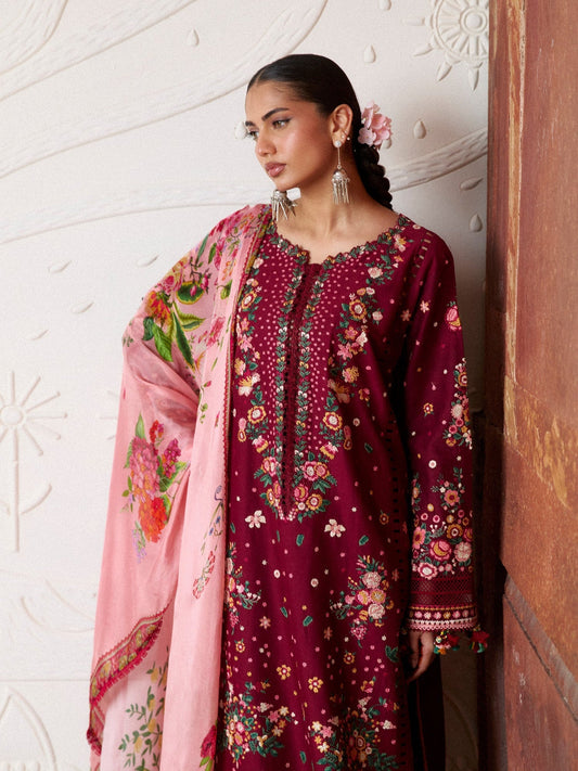Maroon Hussain Rehar Zan SS'26 Lawn Embroidered Unstitched 3-Piece Suit-Kestane