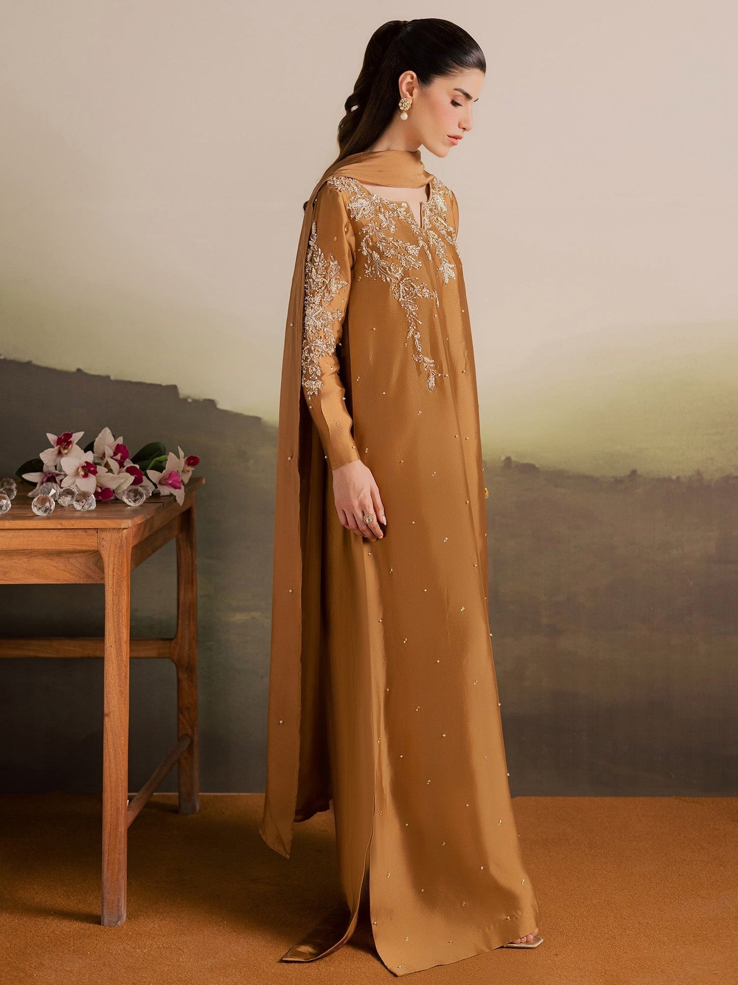 Brown Allure By IH Full Circle Tussel Silk Embroidered Kaftan Set-Gentle