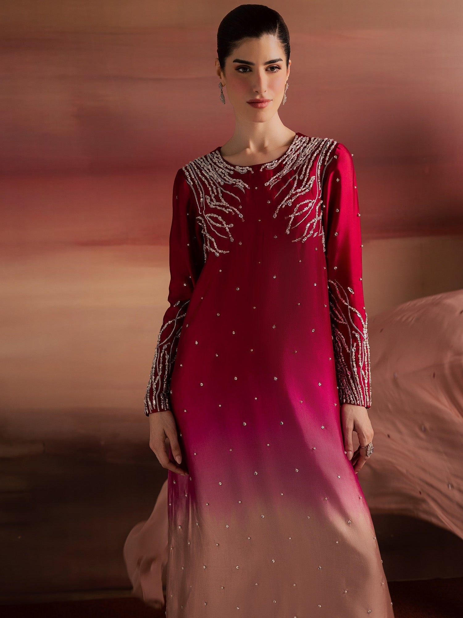 Pink Peach Allure By IH Full Circle Tussel Silk Embellished Stitched 3-Piece Suit-Balance