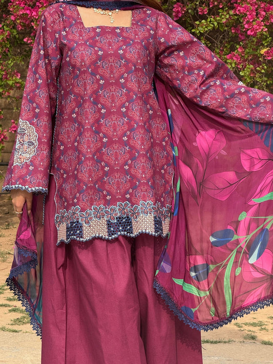 Pink Sehrish Kanwal Festive Print'26 Lawn Embroidered Stitched 3-Piece Suit-Bloom