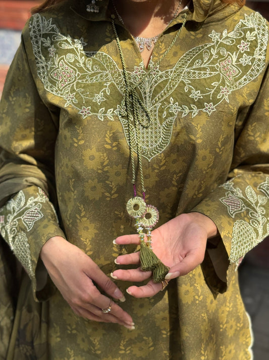 Olive Sehrish Kanwal Festive Print'26 Lawn Embroidered Stitched 3-Piece Suit-Ayla