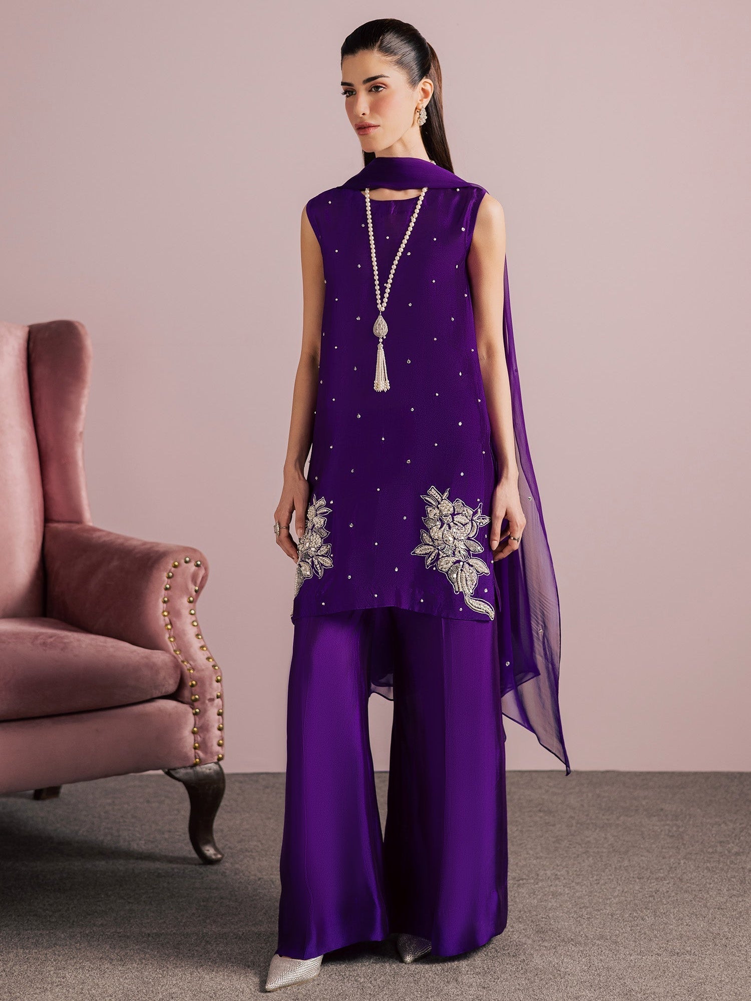 Purple Allure By IH Full Circle Tussel Silk Embellished Stitched 3-Piece Suit-Luxe