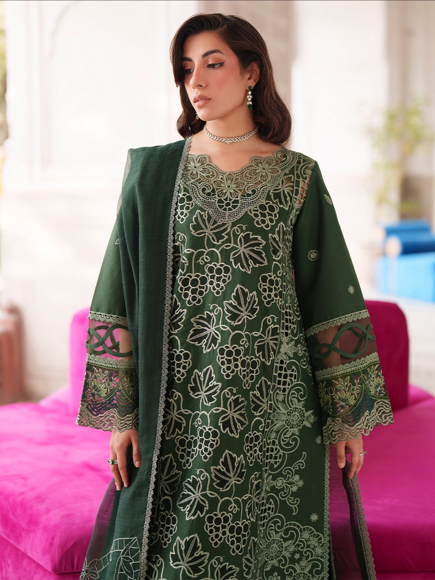 Green Mahnur Nilofer Luxury Lawn'26 Embroidered Unstitched 3-Piece Suit-NL-09