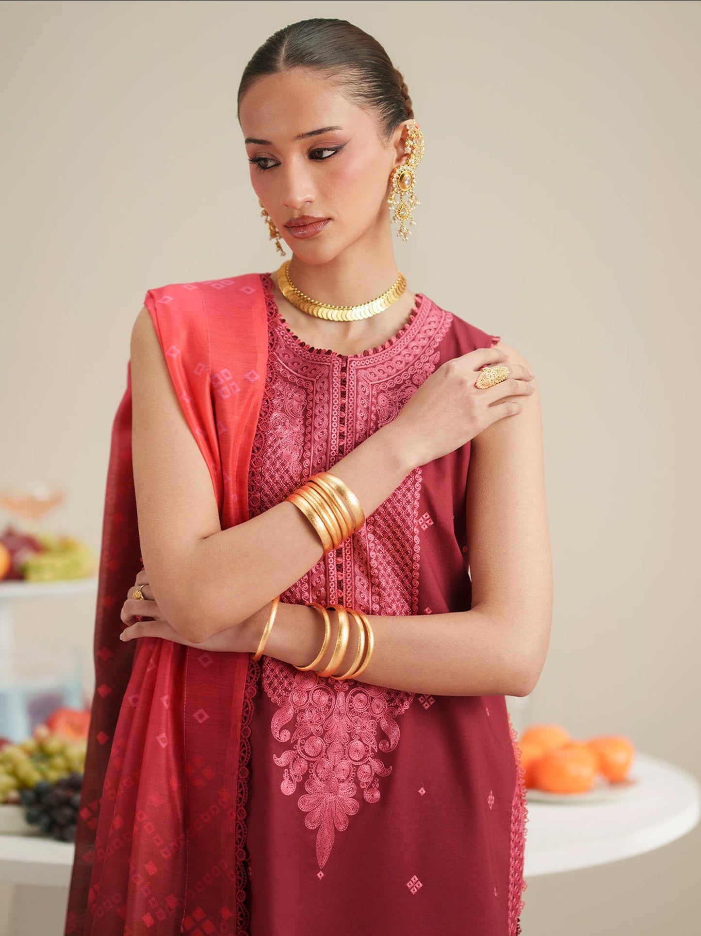 Maroon Binilyas Jojo Summer'26 Lawn Embroidered Unstitched 3-Piece Suit-763