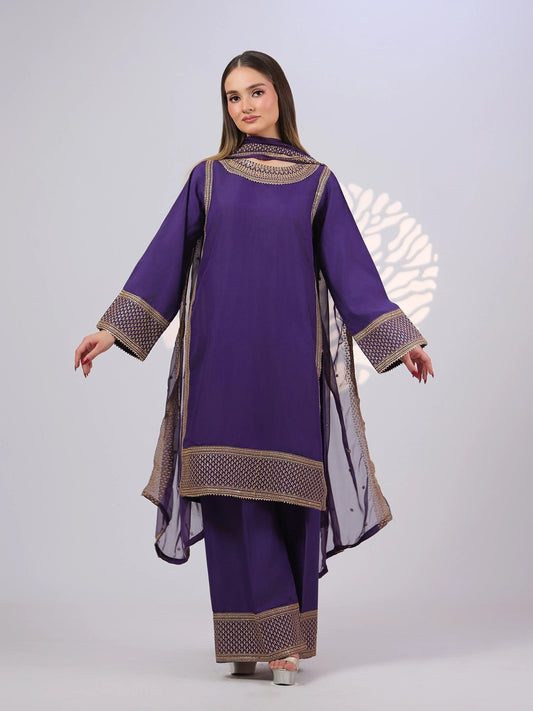 Purple MAK Fashion Noor Luxe Raw Silk Embroidered Stitched 3-Piece Suit-Zarkaash