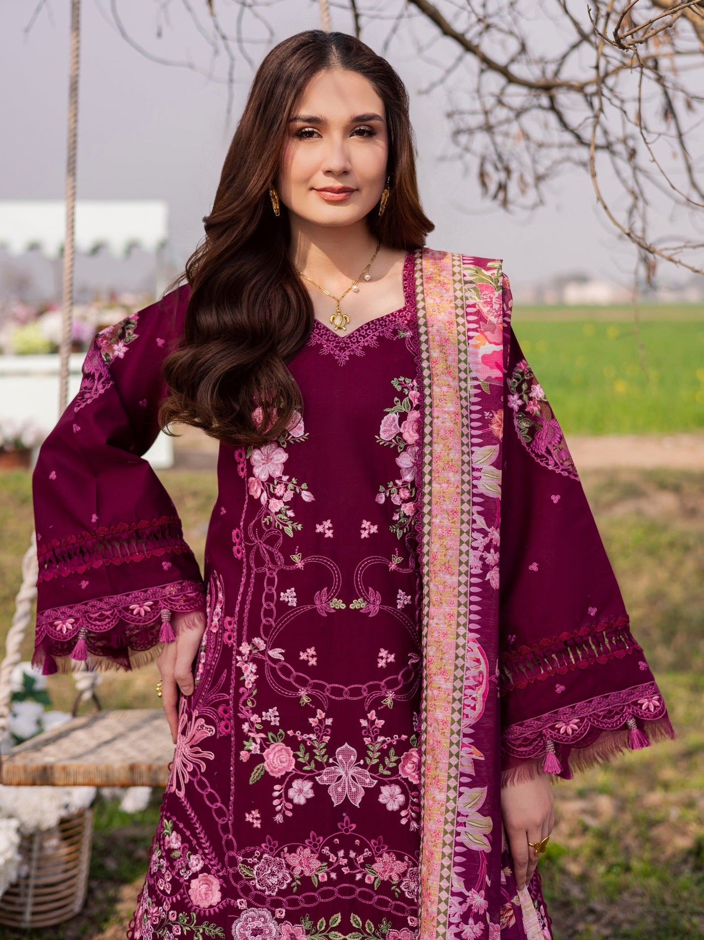Magenta Parishay Dil e Raqsam Lawn'26 Embroidered Unstitched 3-Piece Suit-DR-07