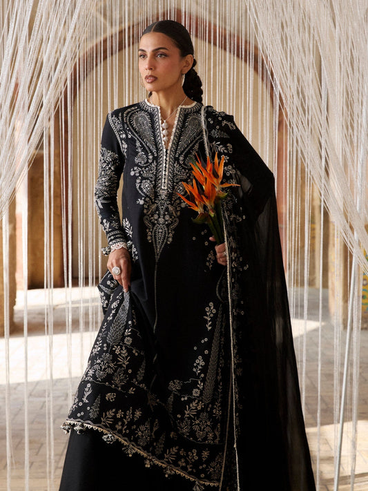 Black Hussain Rehar Zan SS'26 Lawn Embroidered Unstitched 3-Piece Suit-Meshki