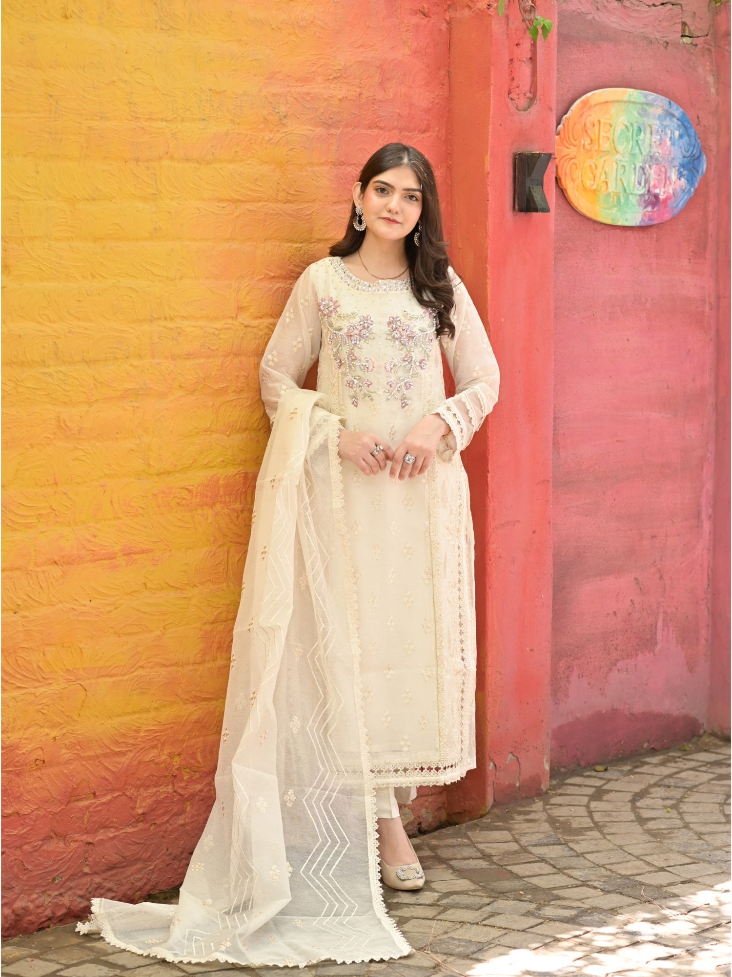 Ivory Manahil Arts Khaddi Net Embroidered Stitched 3-Piece Suit-Ivory Whisper