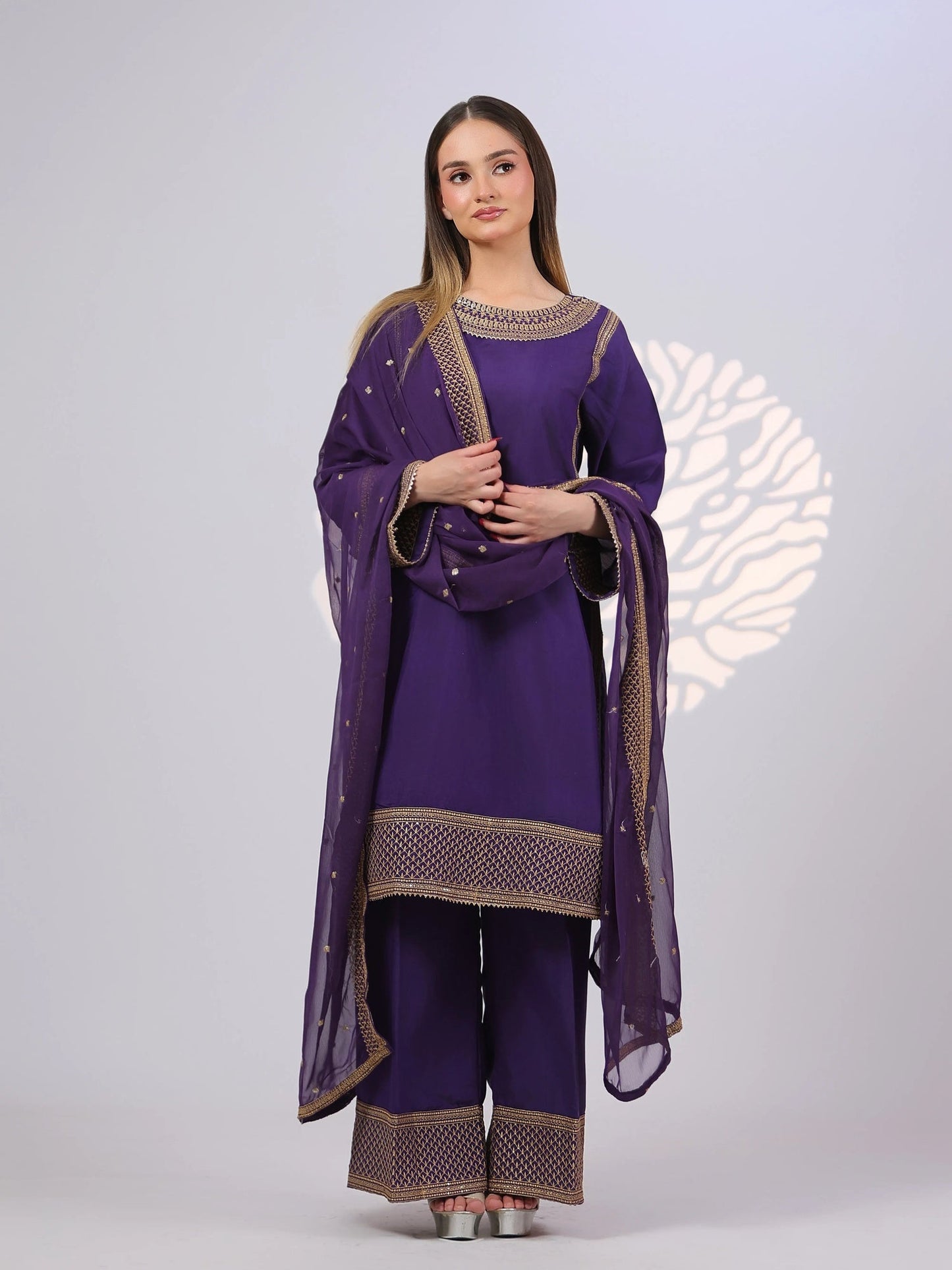Purple MAK Fashion Noor Luxe Raw Silk Embroidered Stitched 3-Piece Suit-Zarkaash