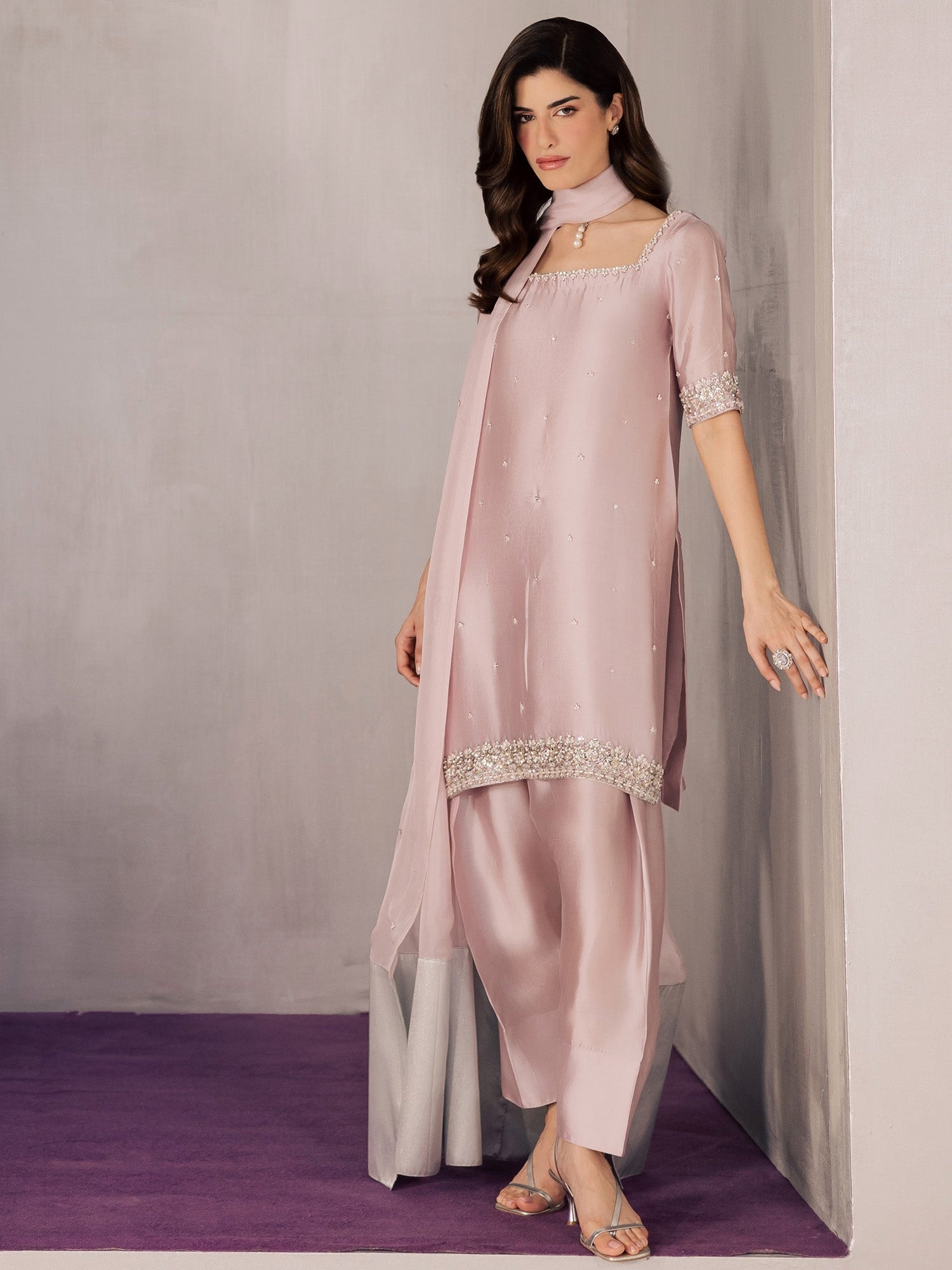 Pink Allure By IH Full Circle Tussel Silk Embellished Stitched 3-Piece Suit-Curve