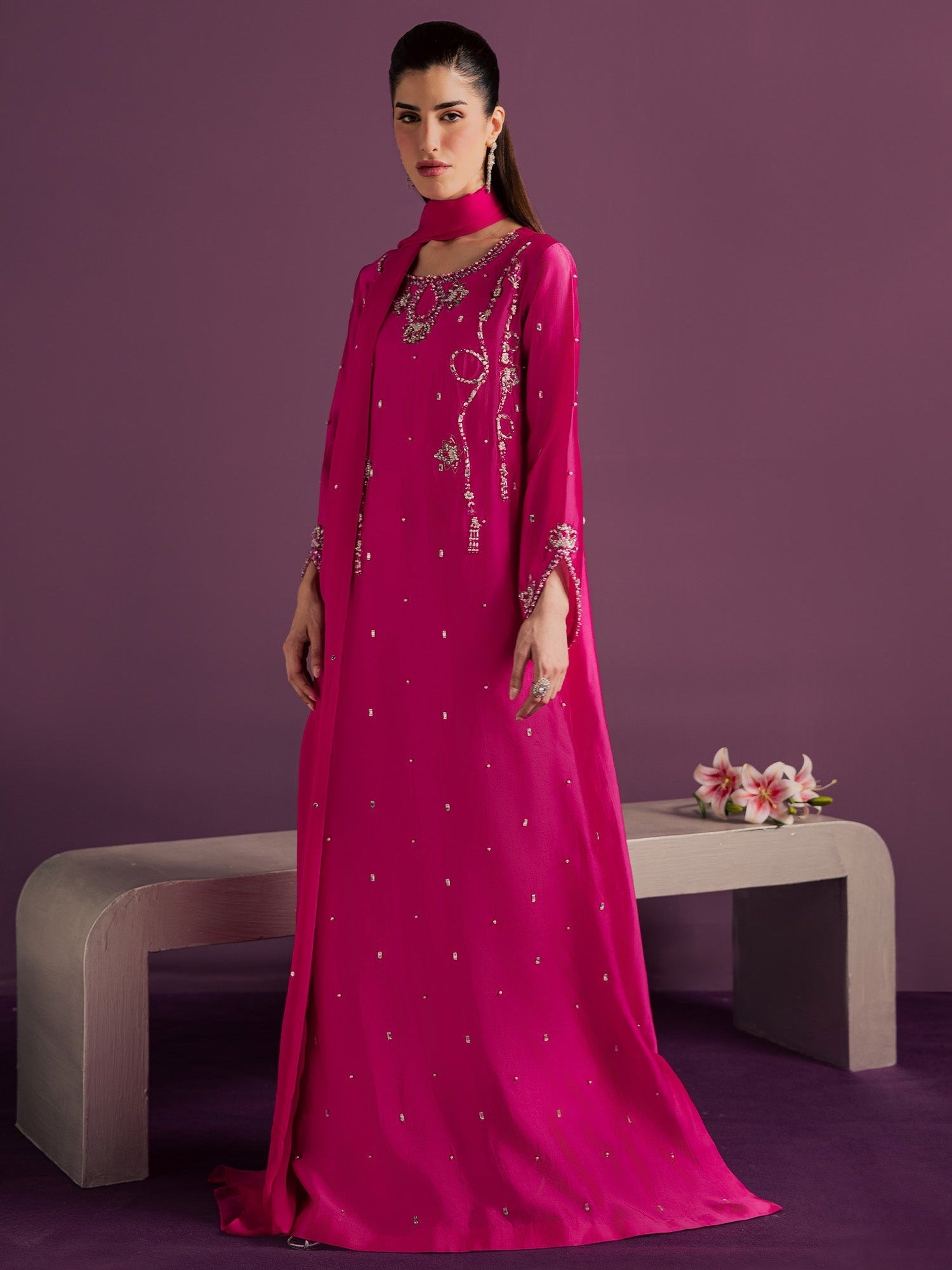 Pink Allure By IH Full Circle Tussel Silk Embroidered Kaftan Set-Orbit