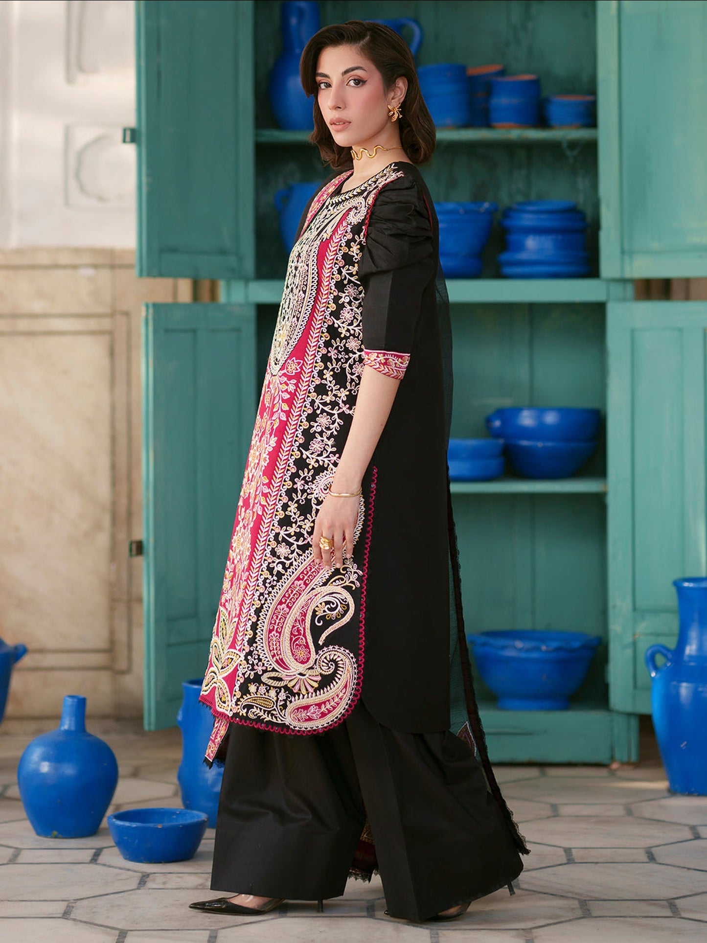 Black Pink Mahnur Nilofer Luxury Lawn'26 Embroidered Unstitched 3-Piece Suit-NL-12