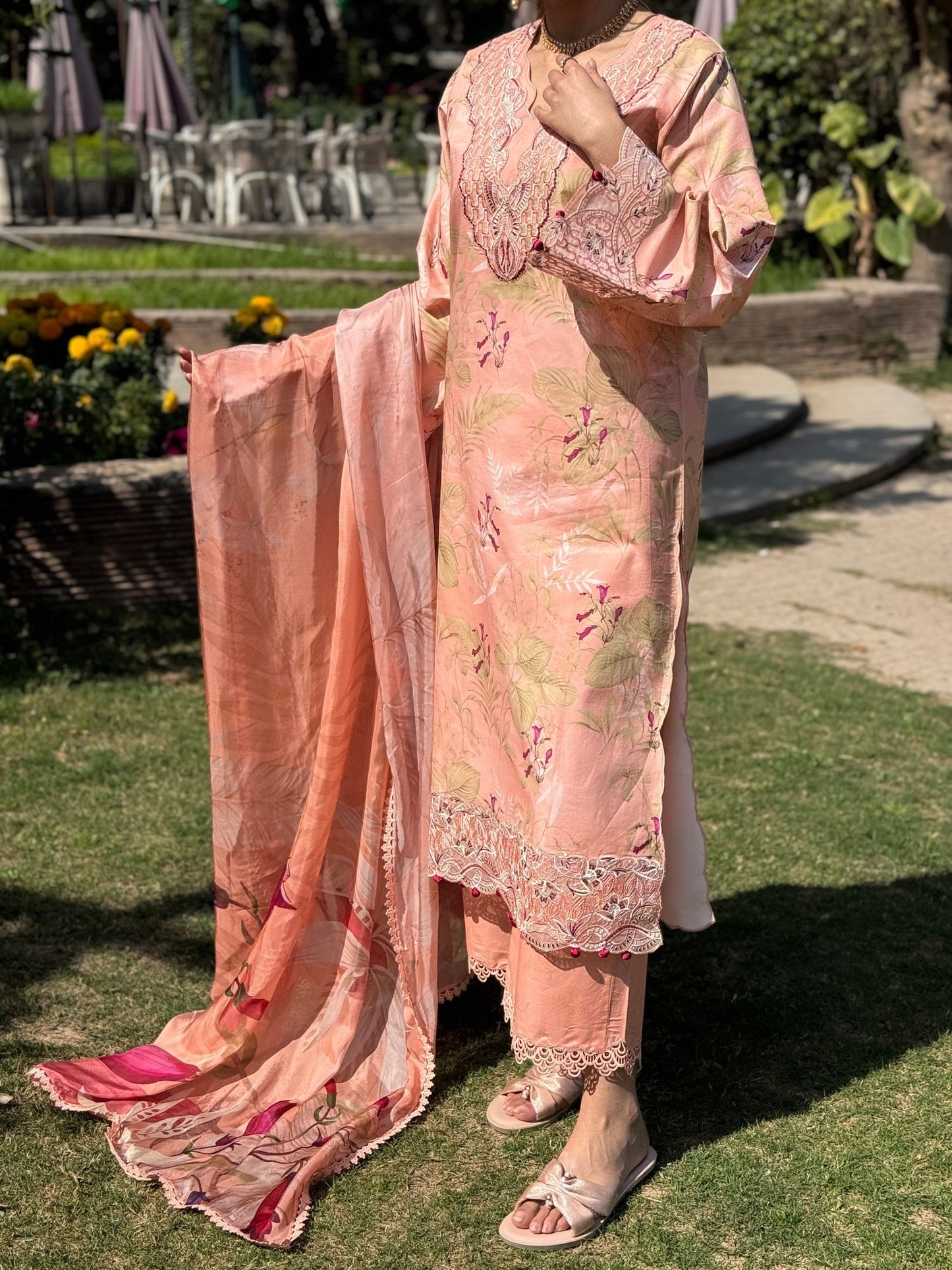 Peach Sehrish Kanwal Festive Print'26 Lawn Embroidered Stitched 3-Piece Suit-Crown