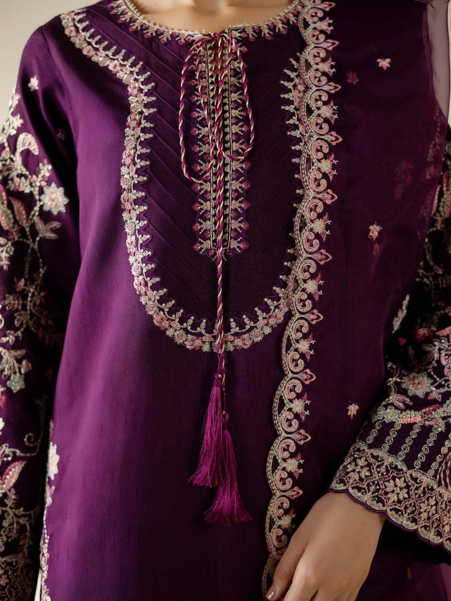 Purple Enzo Lune Des Fleurs Korean Raw Silk Embroidered Unstitched 3-Piece Suit-Arela