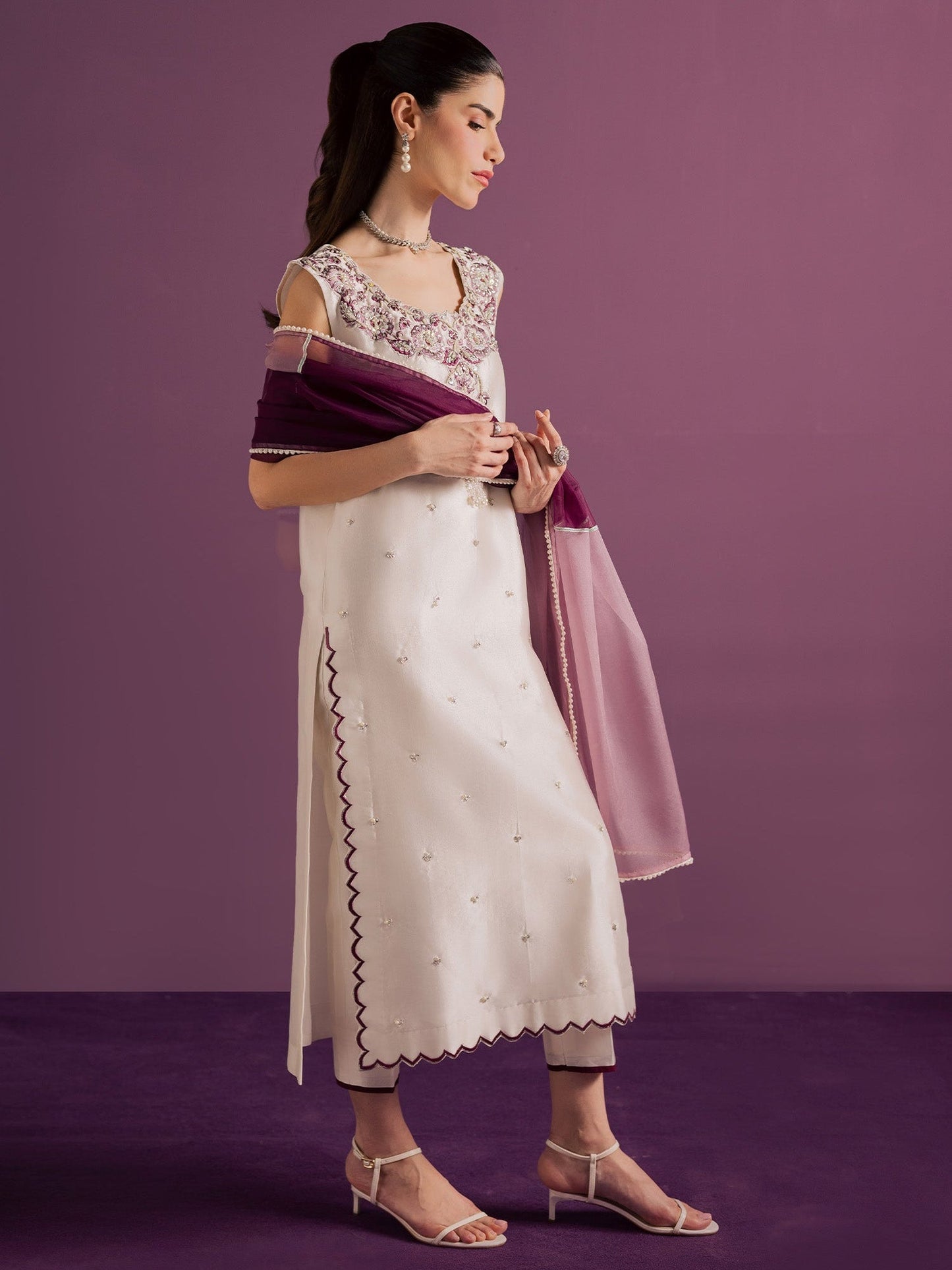White Allure By IH Full Circle Tussel Silk Embellished Stitched 3-Piece Suit-Echo