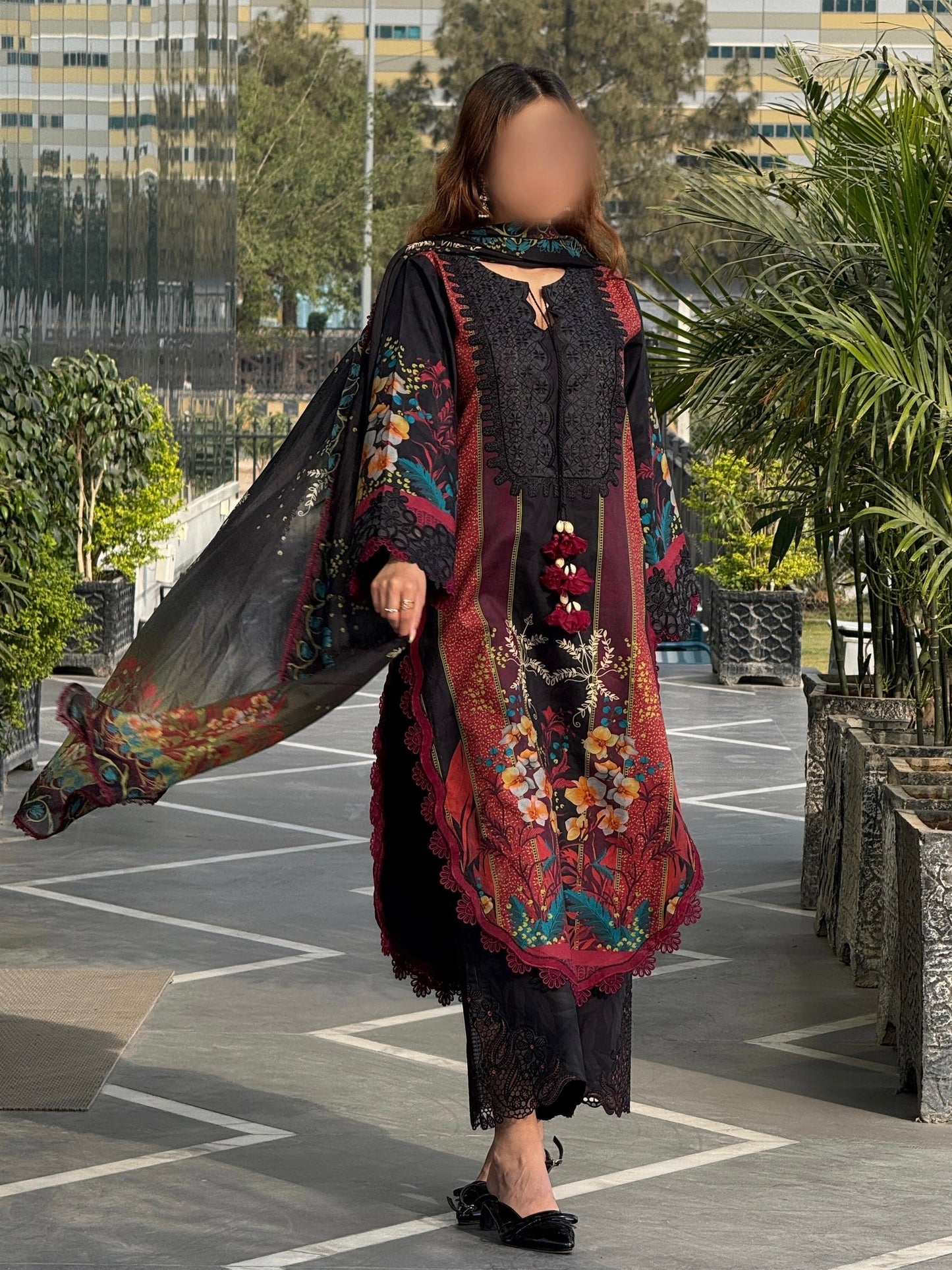 Black Sehrish Kanwal Festive Print'26 Lawn Embroidered Stitched 3-Piece Suit-Eshal