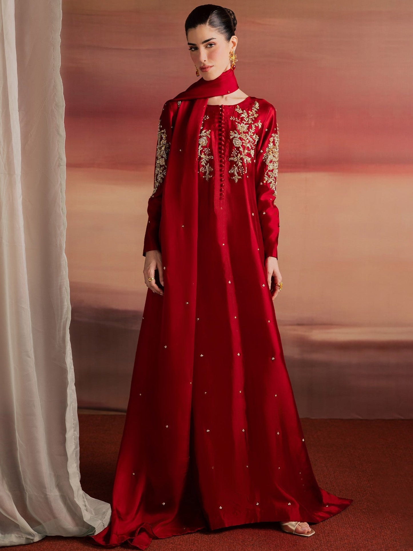 Red Allure By IH Full Circle Tussel Silk Embroidered Kaftan Set-Endless