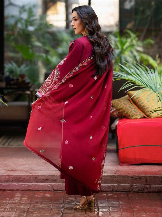 Burgundy Mahnur Satrangi Lawn '26 Embroidered Unstitched 3-Piece Suit-ST-06